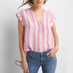 GAP Linen Popover Shirt Pink Stripe